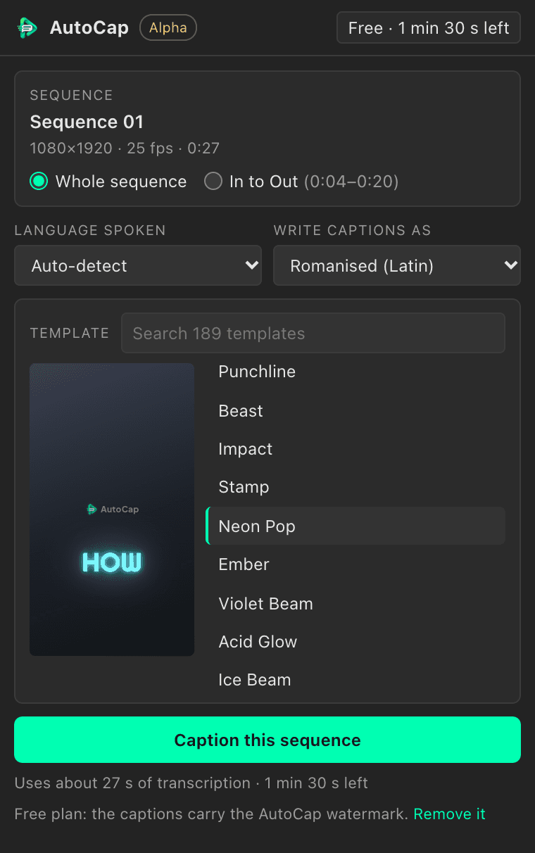 The panel with the sequence, language, script and template choices