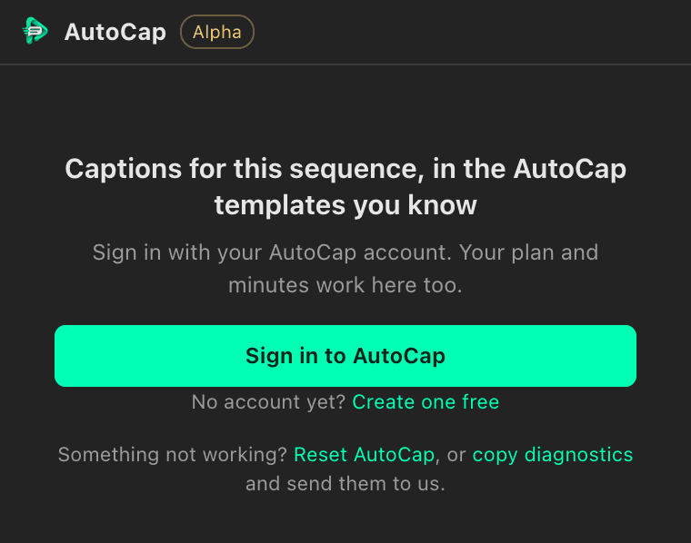 The AutoCap panel's sign-in screen